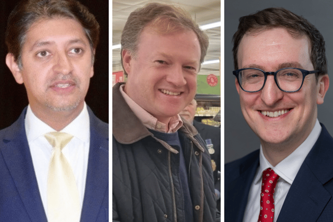The Farnham and Bordon candidates to declare so far, left to right: Khalil Yousuf (Lib Dem), Greg Stafford (Conservative), Alex Just (Labour)