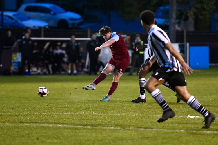 Lewis Flatman fires Farnham Town into the lead against Tooting & Mitcham United