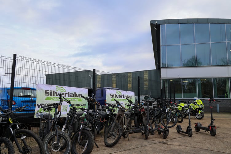 Illegal bikes and e-scooters ready for crushing by Hampshire Police.