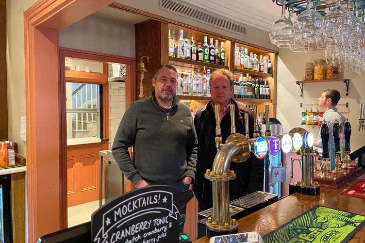 Greg Stafford MP with landlord Mark Robson at The Castle Inn in Farnham.