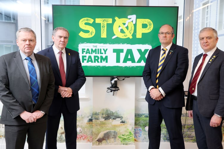 Left to right: Andrew Connon, NFU Scotland president, Aled Jones, Cymru President, Tom Bradshaw, NFU President and William Irvine, Ulster Farming Union President.
The NFU held a press conference after meeting with the Treasury to provide an update on discussions over changes to inheritance tax for agricultural property and businesses on Tuesday, February 18, 2025.