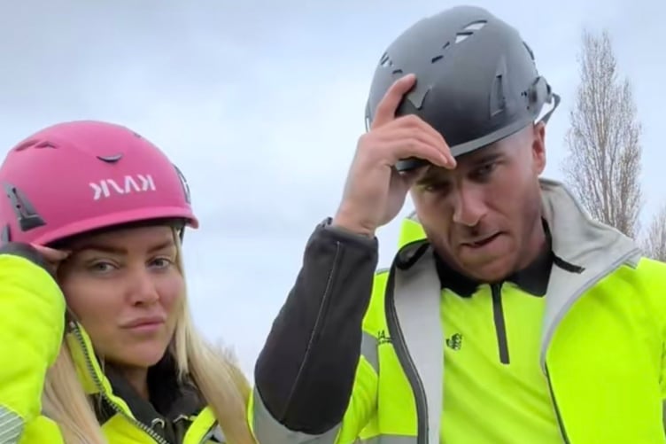 Abbey Moring with her boyfriend. Release date April 8 2025. A glam aesthetician has ditched the salon to join her boyfriend's scaffolding business - and turned the team into social media celebrities who are recognised on the street.  Abbey Moring, 27, works part-time for Stellar Scaffolding every week in her pink hard hat to help boost the business' YouTube channel views.  Climbing up onto rooftops and buildings to capture videos of the team working, Abbey says the channel has gone "crazy" since it started nine months ago.
