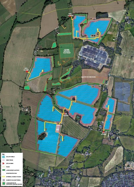 Masterplan of the solar farm, blue represents where the panels will be placed