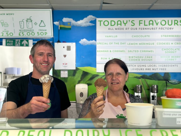 Ben Govier, who runs Dylan's Ice Cream in Haslemere, and employee Marie Hughes