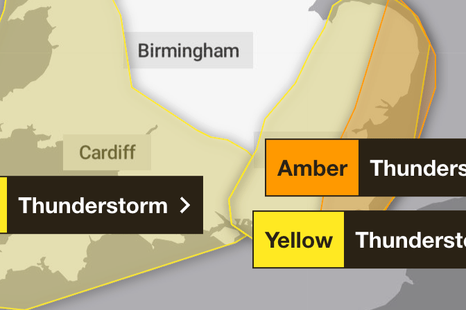 The Met Office thunderstorm warnings for Southern England overnight on Friday, June 13.