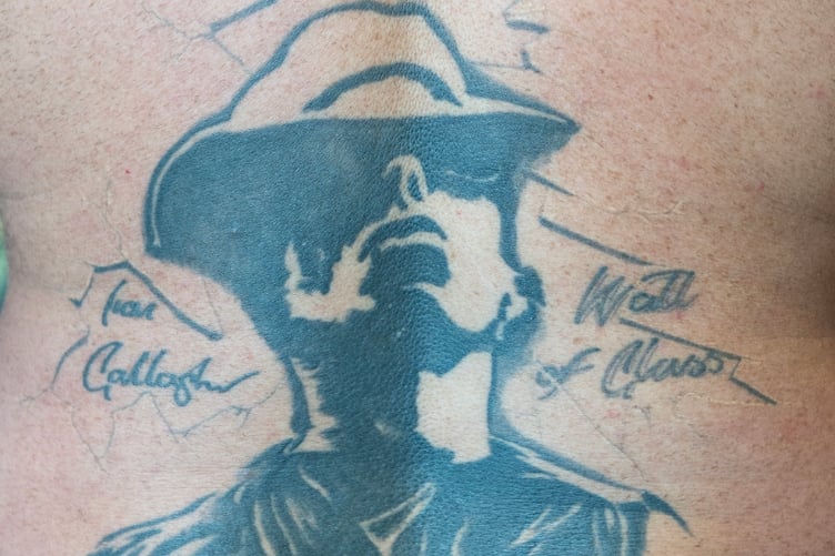 The tattoo of Oasis frontman Liam Gallagher on John Smallbones' back.