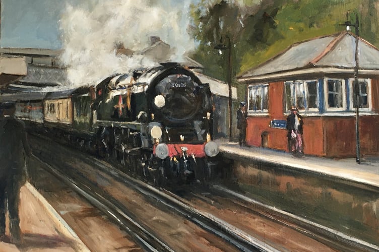Roger Dellar’s painting of the Clan Line steam engine marks the last steam train signalled at Haslemere. Now on display at the Haslemere Information Hub
