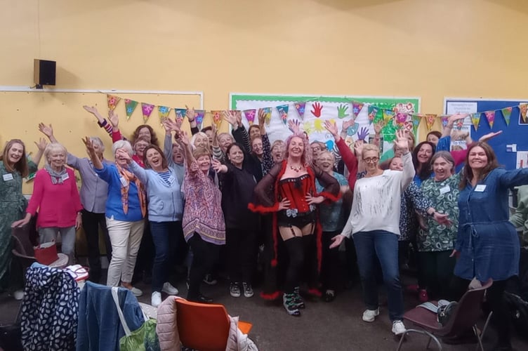 Burlesque performer Cherry Bomb - Lindsey Burrell - and Bake, Natter and Roll Farnham WI members, Small Hall, Spire Church, South Street, Farnham, September 18th 2025.