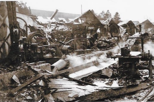 The aftermath of the 1935 fire at Abbott's coachworks in Farnham.