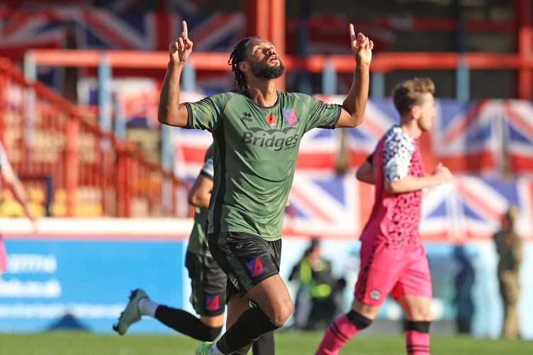 Kwame Thomas celebrates after scoring Aldershot Town's second goal against Forest Green Rovers (Photo: Ian Morsman)