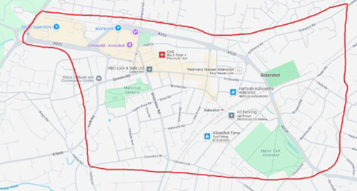 The area of Aldershot town centre covered by the police dispersal order on November 22, 2025.