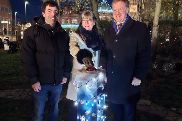 Cllrs Andy Tree and Linda Delve, and MP Greg Stafford at the Whitehill & Bordon Christmas lights switch-on.