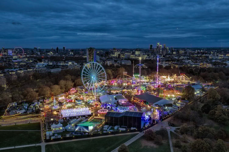 PICTURES OF THE YEAR 2025 - THE BEST OF THE BIG LADDER:
LONDON: Winter Wonderland lights up Hyde Park as the day turns to night over the City of London as seen in this stunning drone image. The yearly Christmas fair runs until 1st January 2026. Photograph By Chris Gorman / Big Ladder. ALL PERMISSIONS GRANTED FOR THIS IMAGE.