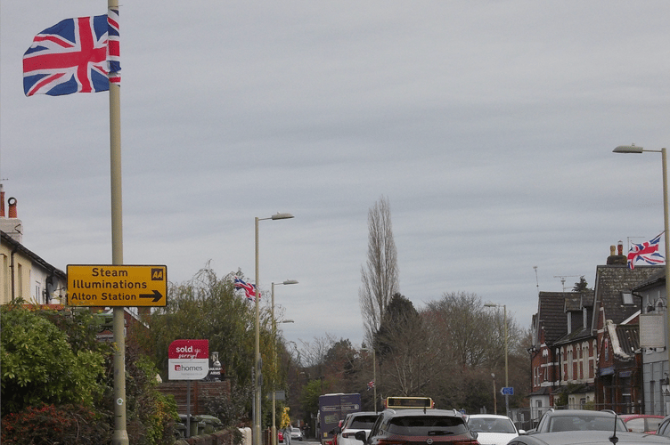 Union Flags on lampposts in Anstey Road, Alton, just past the junction with Littlefield Road, December 9th 2025.