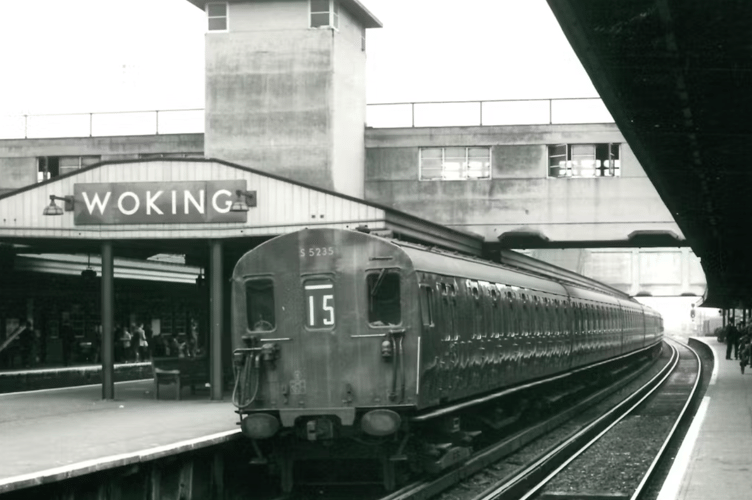 A suburban electric train at Woking station in 1960.