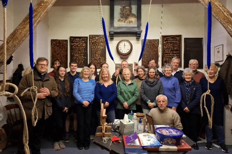 The St Peter's Church Bell Ringers, with the Revd Will Hughes blessing the new ropes, two of which are being held by steeple keeper Duncan Wilkins, Petersfield, February 2026.