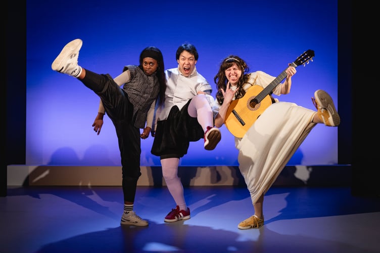 Efé Agwele, Woogie Jung and Tom Pavey in The Complete Works of William Shakespeare (abridged), March 2026.