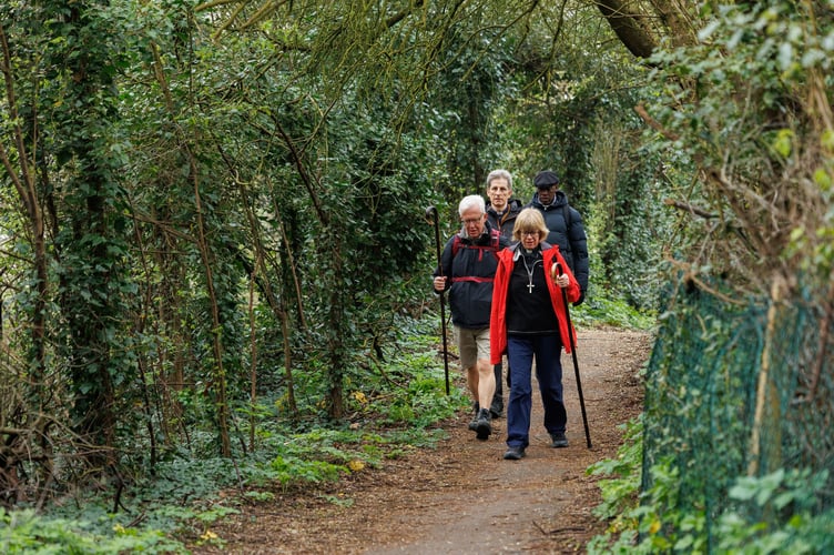 The Most Revd and Rt Hon Dame Sarah Mullally DBE, Archbishop of Canterbury leads as she approaches Aylesford Priory with Eamonn Mullally, The Revd Richard Braddy, Chaplain to the Bishop of Dover and Don Simon, Security Support on day four of the Pilgrimage of the Archbishop of Canterbury from London to Canterbury. Friday 20th March 2026. Photo: Neil Turner for Lambeth Palace