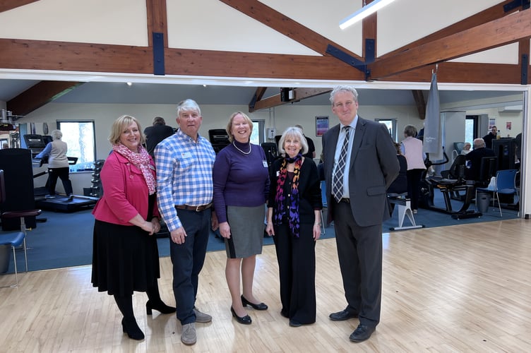 In the gym to mark 50 years of Cardiac Health, from left, are centre manager Denise Ellis, chair of trustees Keith Burgess, chief executive Sarah Quarterman, co-founder Dr Sally Turner and East Hampshire MP Damian Hinds, March 26th 2026.