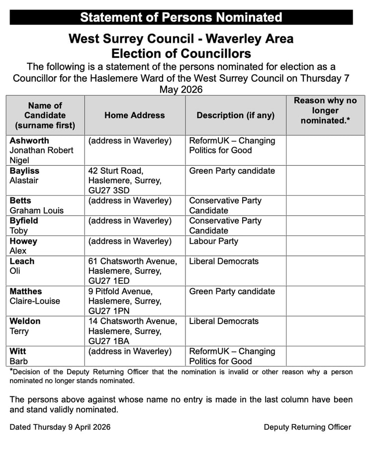 Haslemere election candidates