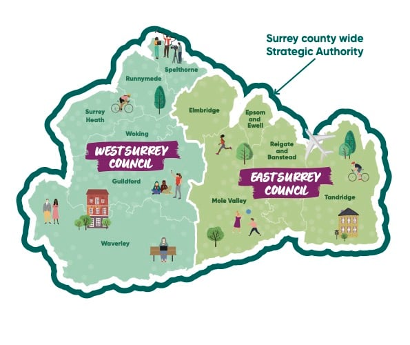 The map of how Surrey is being divided into new West and East councils.