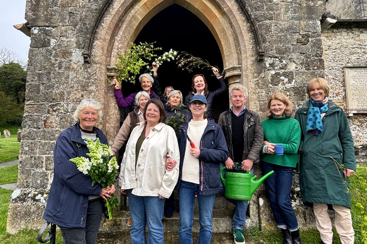 The East Meon Flower Festival team at All Saints' Church, April 2026.