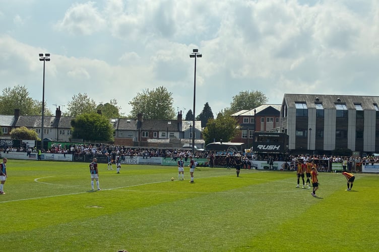 Action from Farnham Town's Southern League Premier South play-off final against Gloucester City