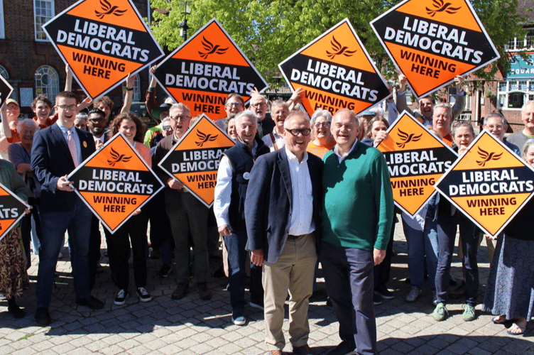 East Hampshire Lib Dem candidate Dominic Martin with party leader Sir Ed Davey and local campaigners.