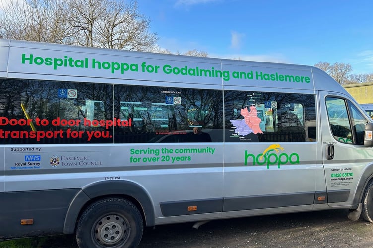 The Hospital Hoppa minibus, which provides vital transport for patients travelling to hospital appointments across rural parts of Surrey.
