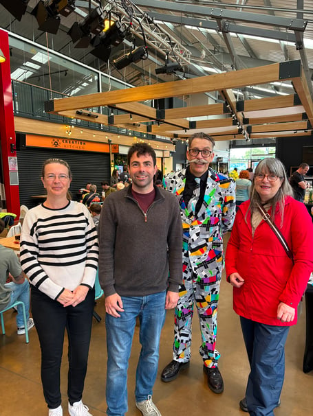 Councillors Catherine Clark, Andy Tree and Linda Delve, with Stuart Morrison, at The Shed's fifth anniversary celebrations.