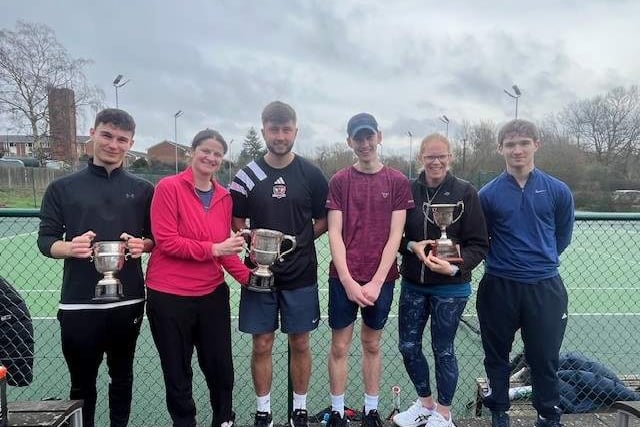 Brightwell Tennis Club's 2026 league winners with their trophies.